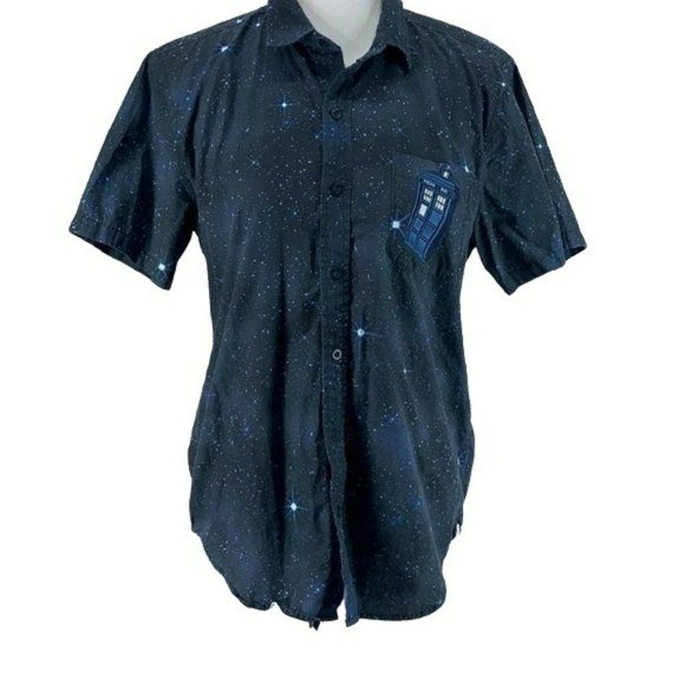 Dr. Who Men's Blue Time Machine Button Down Short Sleeve Shirt Size Small